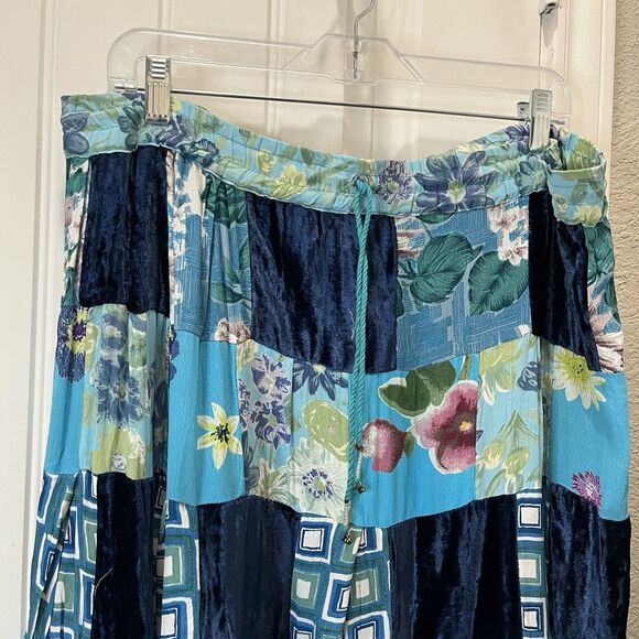 Vintage Midnight Run Blue Patchwork Maxi Skirt Boho Broomstick Mixed Print Sz M - Picture 2 of 13